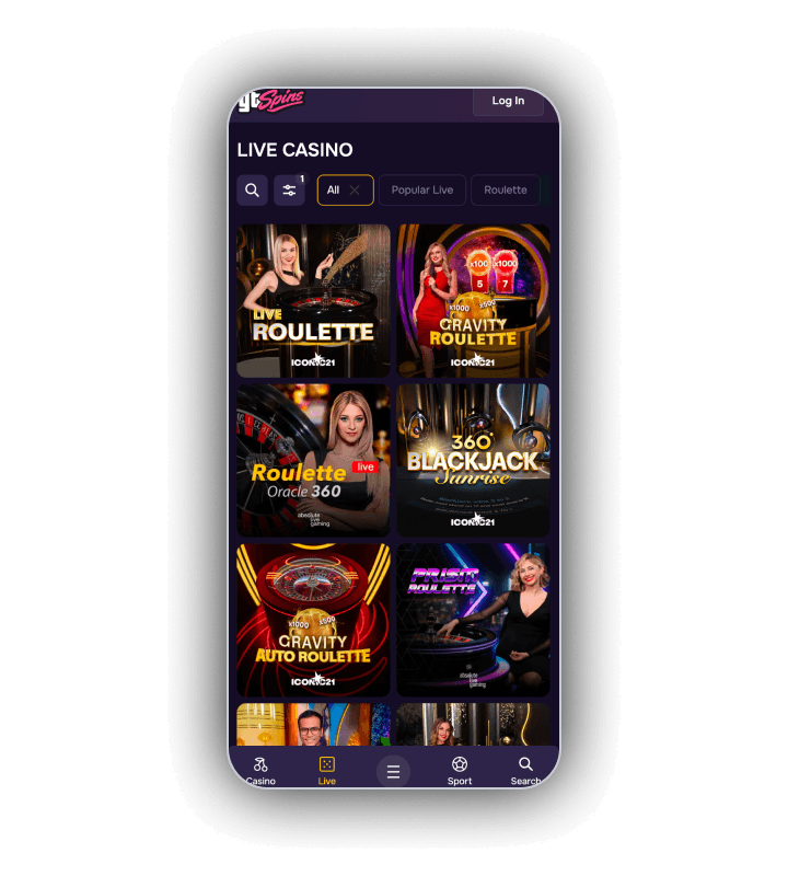 Gtspins live casino grid with roulette, blackjack and baccarat tables running from seven small studios